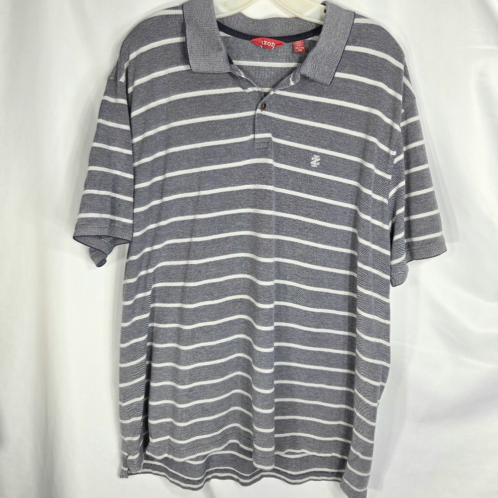 Izod Grey & White Horizontal Striped 2 Button Short Sleeve Polo Shirt Size XXL
